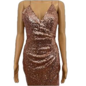 Evie Champagne Pink/Rose Sequined Lined Halter Mini Dress